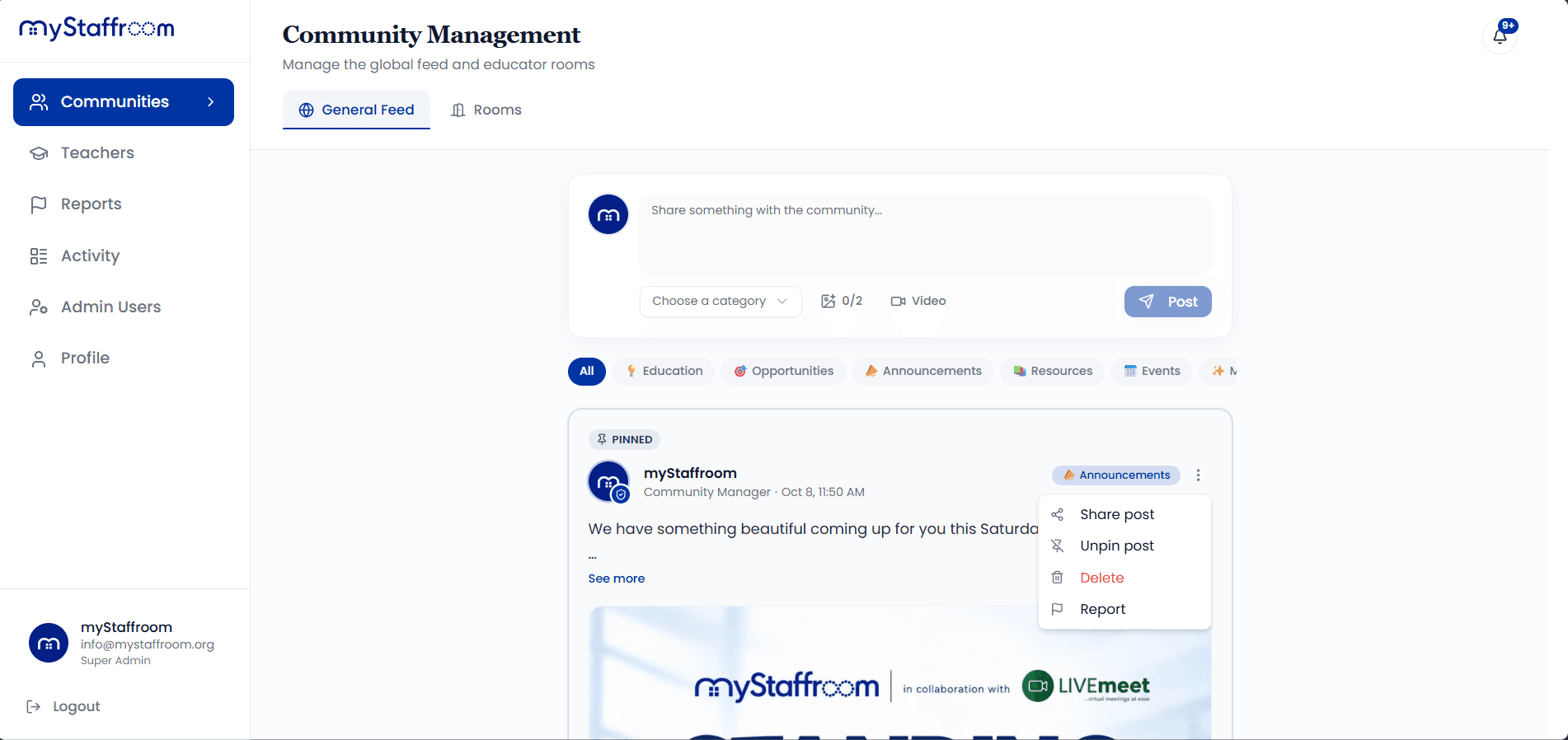 Admin actions: dismiss, hide, warn, or suspend