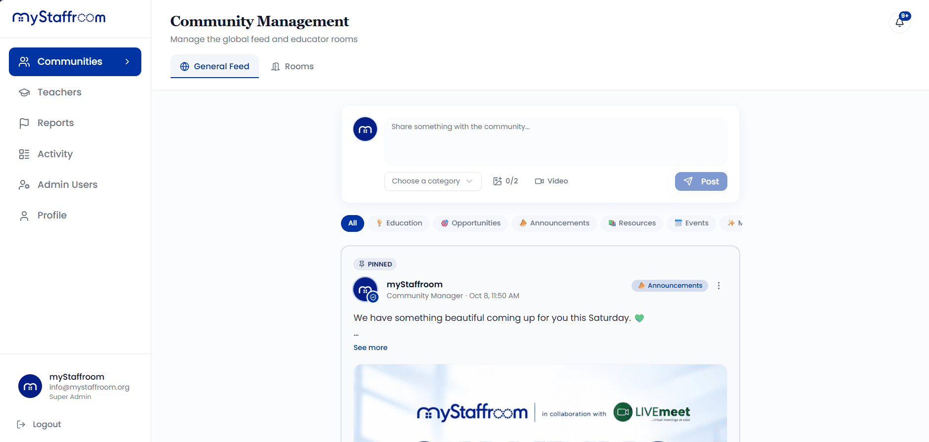 Admin feed: community moderation overview