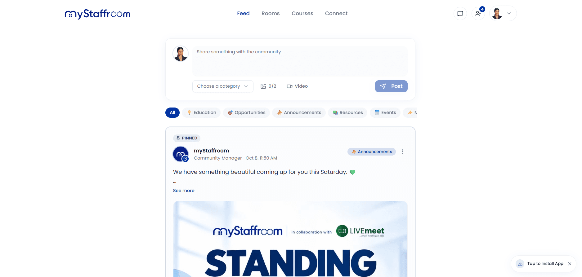 Community feed: posts, categories, and engagement