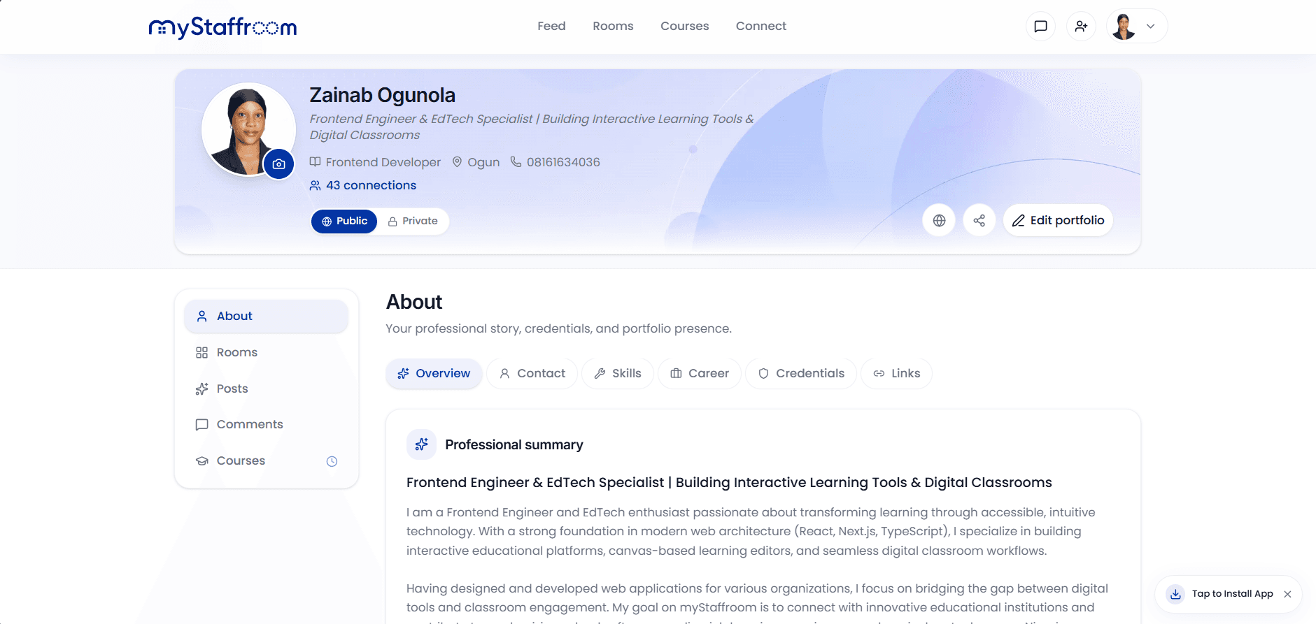 Educator profile: portfolio, rooms, and posts