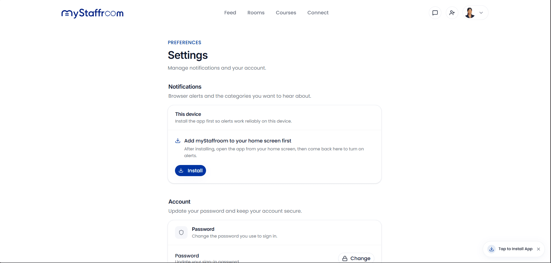 Settings: notification prefs and PWA options